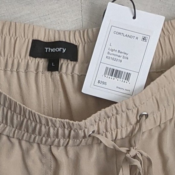 Theory Pants 100% Silk High Waist Drawstring Pull On Pockets Light Tan L NWT - Picture 12 of 13